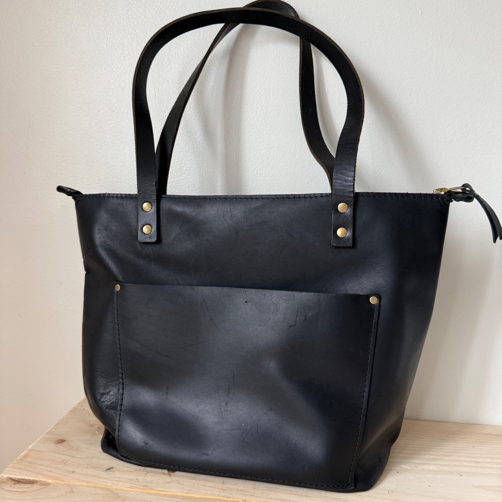 Portland Leather Goods Large Black Full Grain Leather Zip Tote Made USA